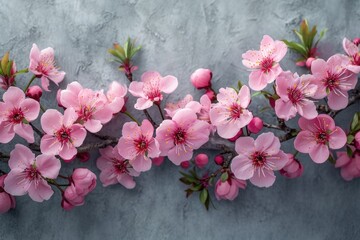 Fototapeta na wymiar Beautiful blooming branch with pink flowers on grey background, closeup