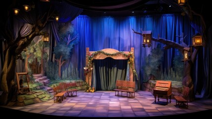  a stage set with a blue curtain and a stage set with a wooden bench and two chairs and a piano.