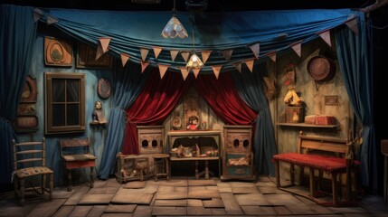 Obraz premium a stage set with a blue curtain and red drapes and a wooden desk with a red chair in front of it.