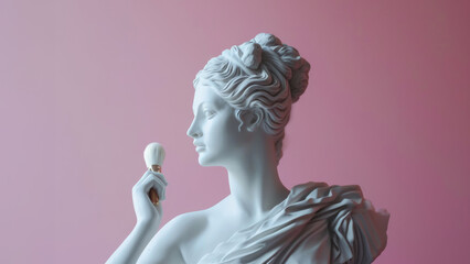 White marble statue of Aphrodite with a makeup brush in her hand on a pink background.