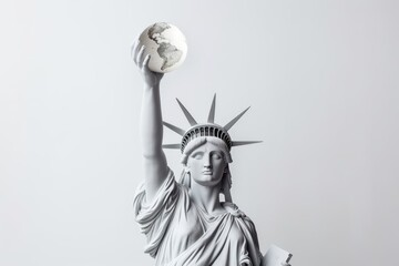 Statue of Liberty on white background with white globe of earth in hand. Earth Day concept in the United States.