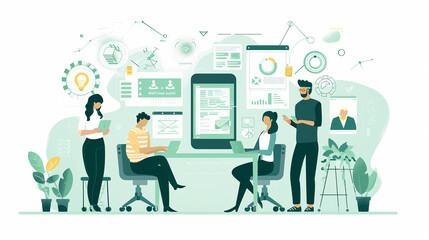 アプリ開発の開発者チーム イラスト
Developers team illustration. Working on mobile/web application development. [Generative AI]