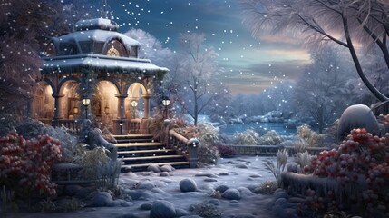  a painting of a snowy winter scene with a gazebo and steps leading up to a well lit gazebo. - obrazy, fototapety, plakaty