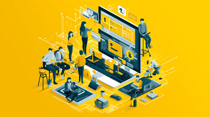 アプリ開発の開発者チーム イラスト_黄色
Developers team illustration. Working on mobile/web application development. Yellow theme.  [Generative AI]