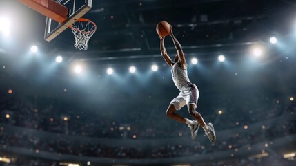 A basketball player in mid-air, executing a powerful dunk, captured against the backdrop of a buzzing arena - obrazy, fototapety, plakaty