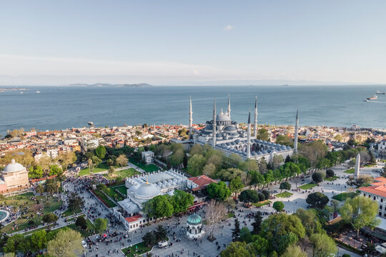 Aerial view of Sultanahmet Camii (the Blue Mosque) in Istanbul Sultanahmet district on the European side during the Muslim holiday, Turkey.