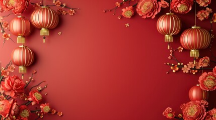 Cute red and gold Chineese floral frame background with copy space