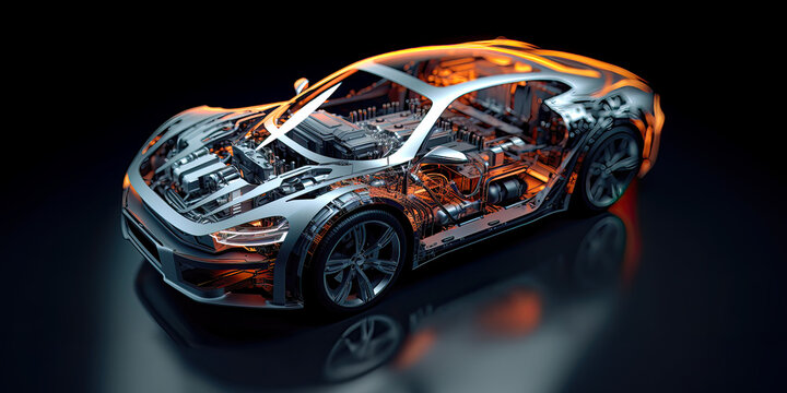 Automotive parts and design scheme of new car. Postproducted generative AI illustration.	
