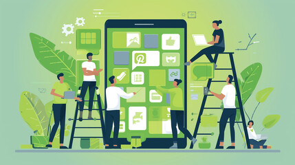 アプリ開発の開発者チーム イラスト_緑色
Developers team illustration. Working on mobile/web application development. Green theme.  [Generative AI]