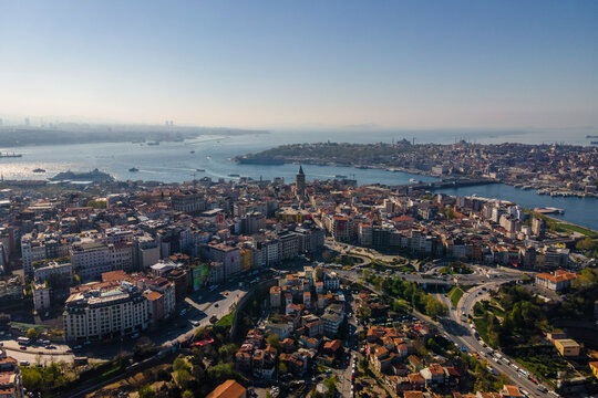 Aerial view of the Galata tower in Beyoglu district on the European side of Istanbul downtown, Turkey.