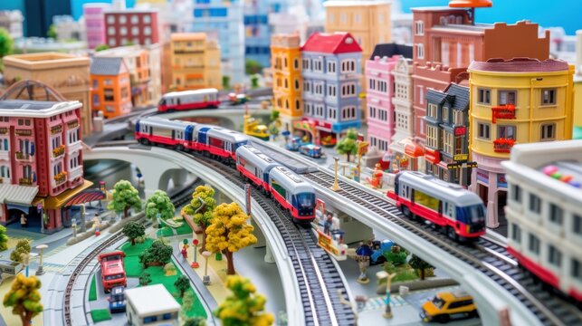  a toy model of a city with a train on the tracks and buildings on the other side of the track.