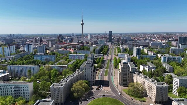 Aerial view of Berlin downtown near Alexanderplatz, view of the Berliner Fernsehturm tower, Mitte, Berlin, Germany.