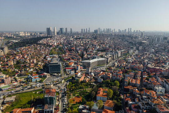 Aerial view of Beyoglu district with tall buildings from a financial district in Istanbul downtown, Turkey.