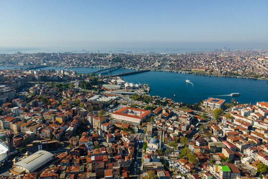 Aerial view of Istanbul European side, view of Beyoglu district and the Galata bridge on the Golden Horn, Turkey.