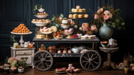  a table topped with lots of pastries next to a vase filled with flowers and a cake on top of a wooden table.