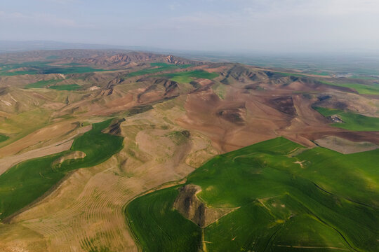 Aerial view of beautiful green hills landscape in Central Anatolia region near Ankara, Turkey.