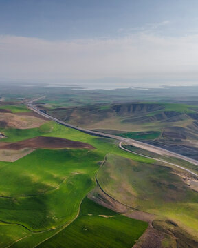 Aerial view of a road crossing the hills in Central Anatolia region, Ankara, Turkey.