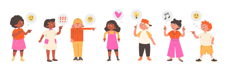 Boys and girls hands pointing fingers, vector funny children make joking gesture, showing positive or negative emotions