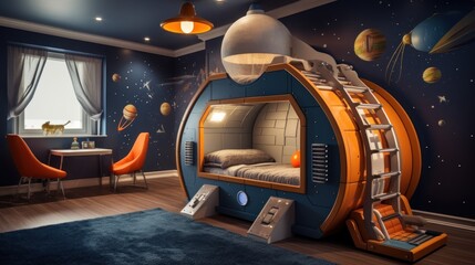 Fototapeta premium a child's bedroom with a space themed bed in the middle of the room and a ladder leading up to the bed.