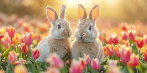 Fototapeta na wymiar Easter bunny rabbit with flowers Generative AI.