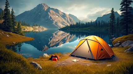 Camping site and tent near lake in scenic mountains landscape. Postproducted generative AI illustration.	

