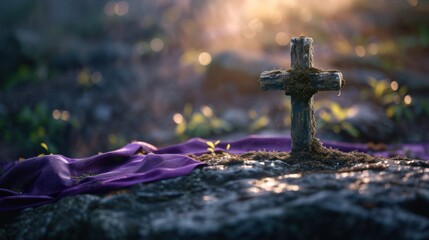 Ash Wednesday concept with a cross of ashes on a stone surface, purple cloth in the background, solemn and meditative mood, natural light.