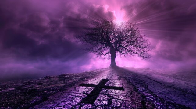 Surreal Ash Wednesday Tree Shadow Cross. A conceptual image capturing Ash Wednesday with a stark tree shadow forming an ash cross on the ground, set against a surreal purple sky - Powered by Adobe