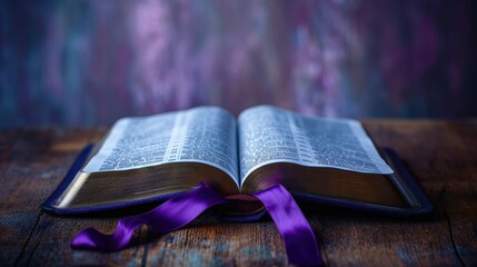 Open bible with purple ribbon bookmark on Ash Wednesday, ash cross visible on the page, feeling of devotion and quiet reflection - obrazy, fototapety, plakaty