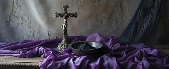 Ash Wednesday Still Life with Crucifix and Ashes. Still life of Ash Wednesday with purple cloth, ash bowl, and a crucifix, elegant and somber composition