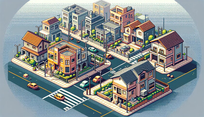 Pixel art style of a house in isometric view with an environment of punk and neon buildings