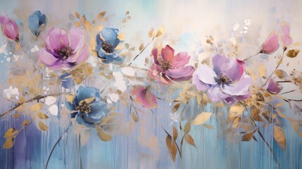  a painting of pink and blue flowers on a blue and white background, with gold leafy stems in the foreground. - obrazy, fototapety, plakaty