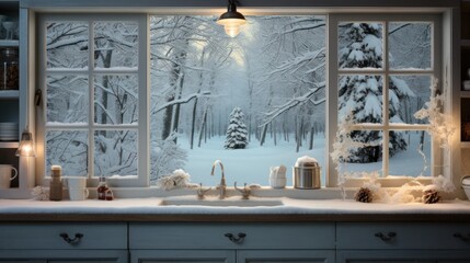  a kitchen window that has a view of a snowy forest outside of it and a lit candle on the window sill.