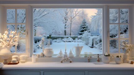  a window that has a bunch of vases on a window sill in front of a snow covered yard.