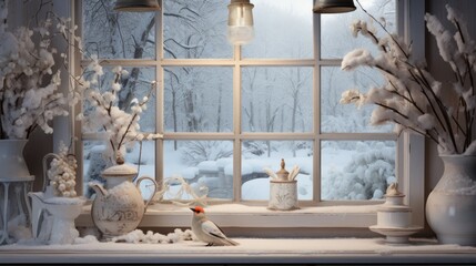  a bird sitting on a window sill in front of a window with a view of the snow covered trees outside.