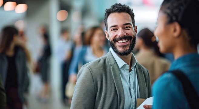 Educator Holding A Business Card While Smiling With People In A Classroom