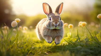 Fototapeta na wymiar Cute little rabbit running on fresh spring grass. Postproducted generative AI illustration. 