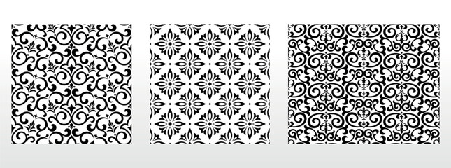 Geometric floral set of seamless patterns. White and black vector backgrounds. Damask graphic ornaments.