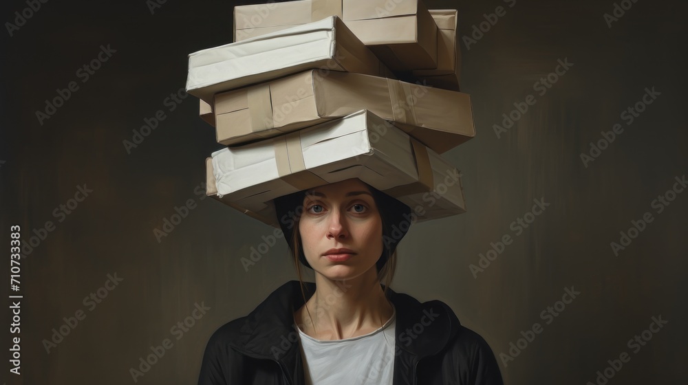 Wall mural a woman in a black jacket with a stack of boxes on her head and a cardboard box on her head.