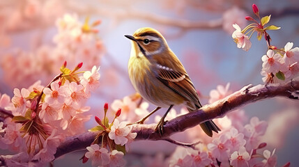 Nightingale bird sitting on branch of blooming cherry tree. Postproducted generative AI illustration.	
