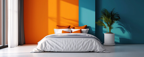 Bed placed against a lively orange and blue wall with available copy space. Reflecting minimalist interior design in a contemporary bedroom 