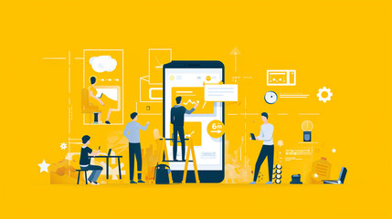 アプリ開発の開発者チーム イラスト_黄色
Developers team illustration. Working on mobile/web application development. Yellow theme.  [Generative AI]