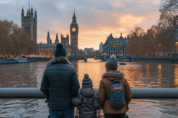 family tourist walking at the centre of London city with a clock tower as background