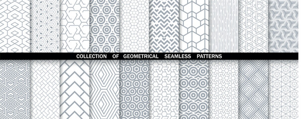 Geometric set of seamless gray and white patterns. Simple vector graphics.