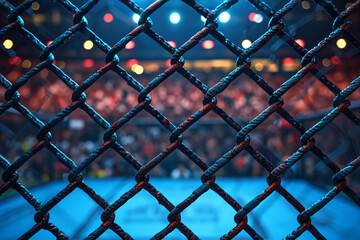 Fototapeta premium Distant clean front view of an audience of MMA seen from the inside of a MMA cage.