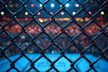 Distant clean front view of an audience of MMA seen from the inside of a MMA cage.