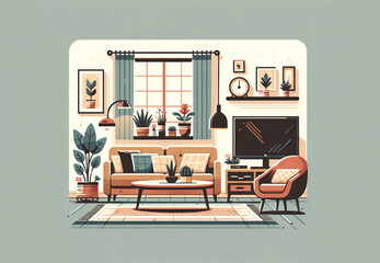 Vector flat illustration of a living room interior. The illustration should feature a comfortable sofa, a TV