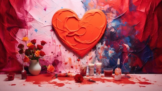  a painting of a heart on a wall next to a vase of flowers and a vase of flowers on a table.