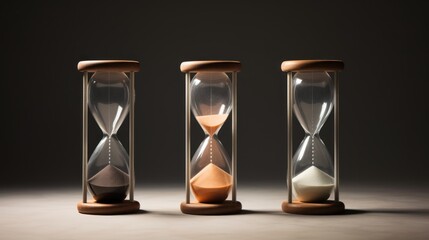  three hourglasses sitting side by side in the middle of a dark room, one with an hour glass and one with an hour glass.