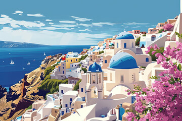 Fototapeta premium Santorini Splendor - Ultradetailed Illustration for Banners, Covers, and More