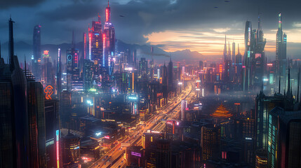 neon-lit futuristic cityscape at dusk with flying cars